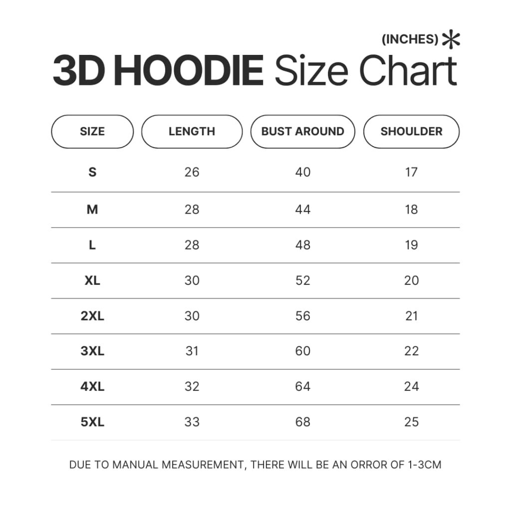 3D Hoodie Size Chart 1 - Avatar The Last Airbender Store