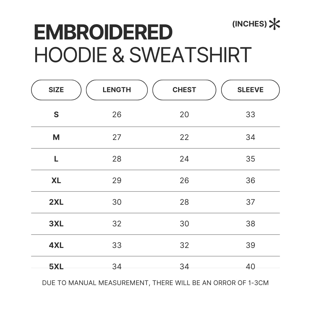 Embroidered Hoodie Sweatshirt Size Chart - Avatar The Last Airbender Store