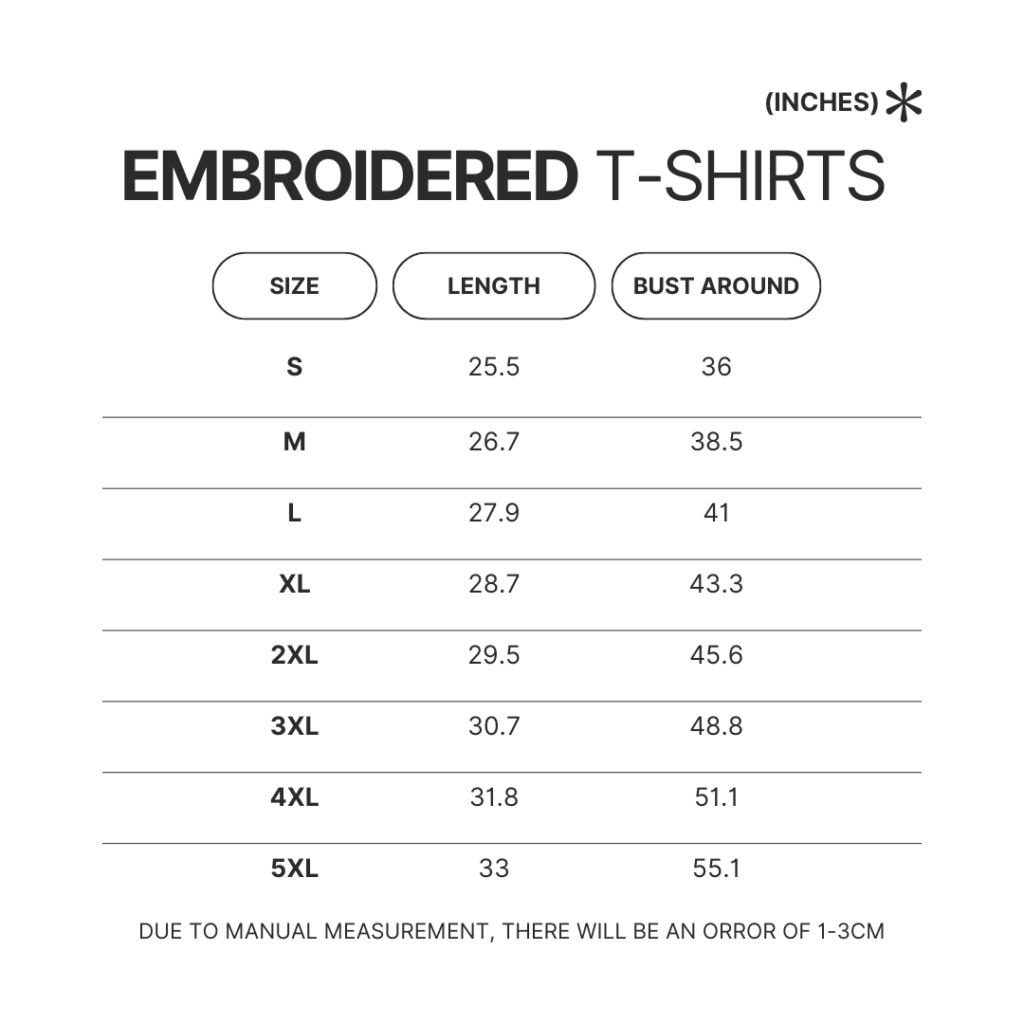 Embroidered T shirt Size Chart - Avatar The Last Airbender Store