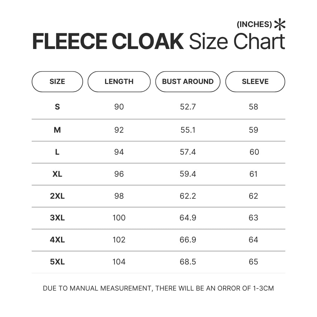 Fleece Cloak Size Chart - Avatar The Last Airbender Store